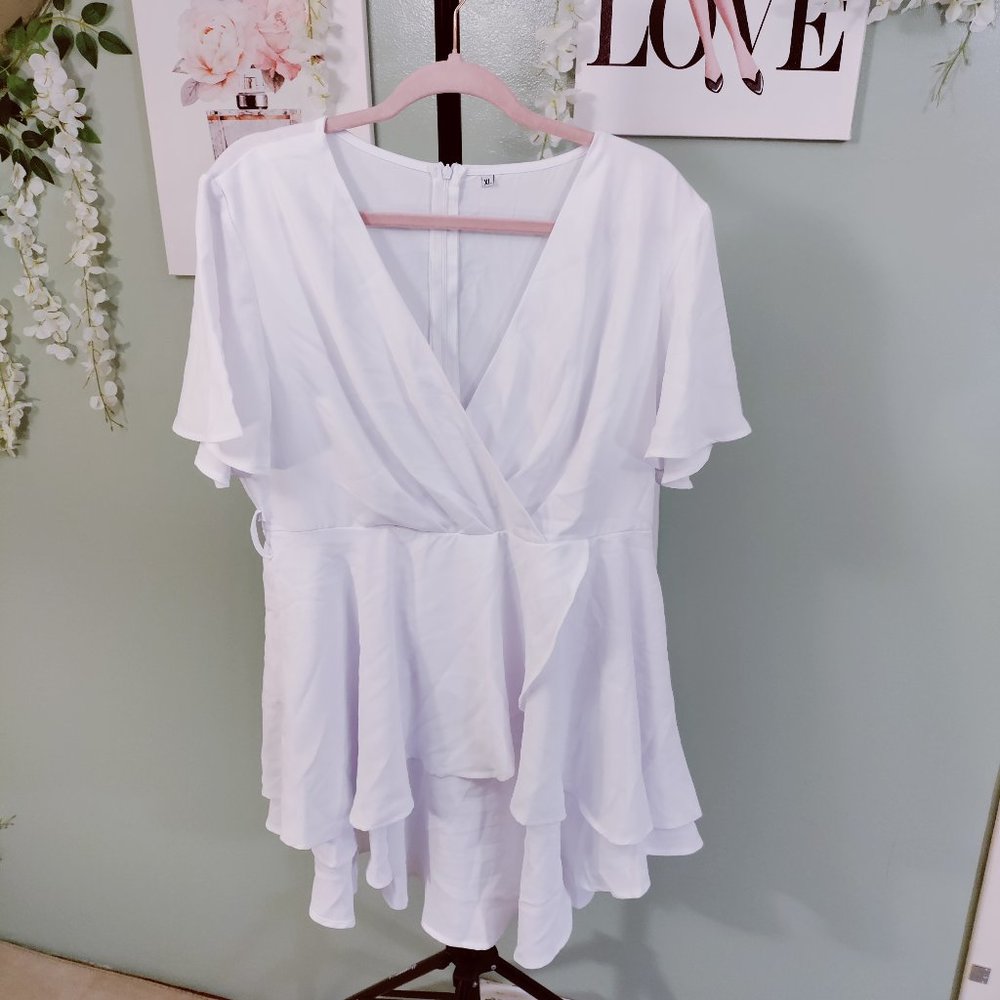 V neck, Layer Ruffle Hem, Short Sleeve, Solid Color Mini Dress